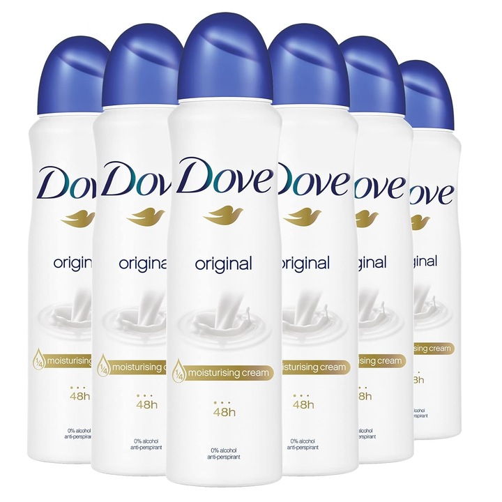 Комплект от 6 бр. Оригинален дезодорант Dove за жени, 1/4 хидратиращ крем, 48 ч. защита, 150 мл