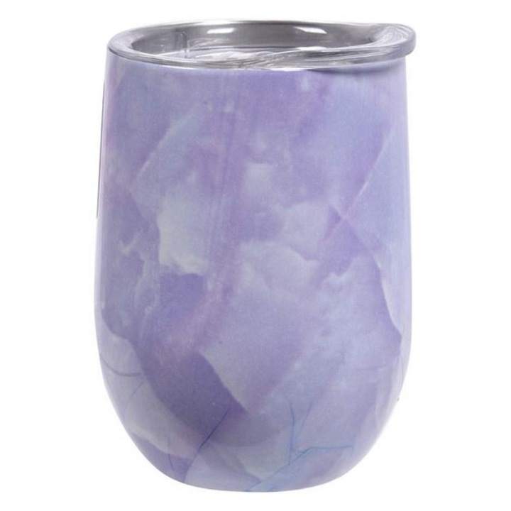 Pahar termos metalic, mov marmorat, cu capac din plastic transparent, 350 ml