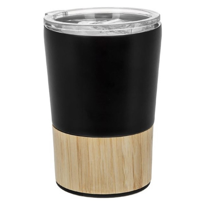 Pahar termos din otel inoxidabil, de culoare neagra cu detaliu din bambus, capac din plastic transparent, 350 ml