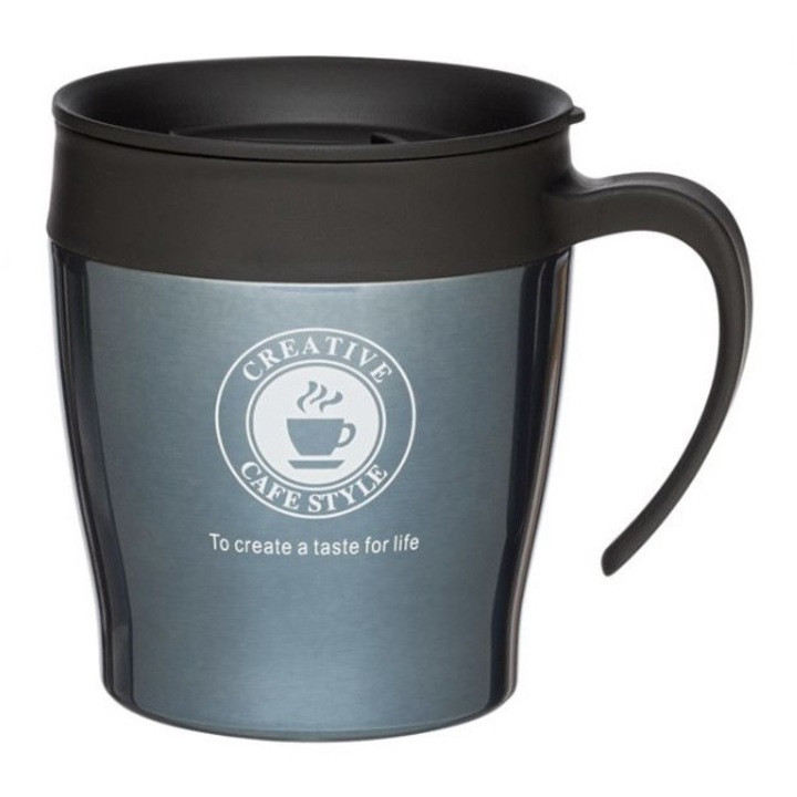 Cana termos metalica pentru cafea cu maner si capac negru de plastic, 350 ml