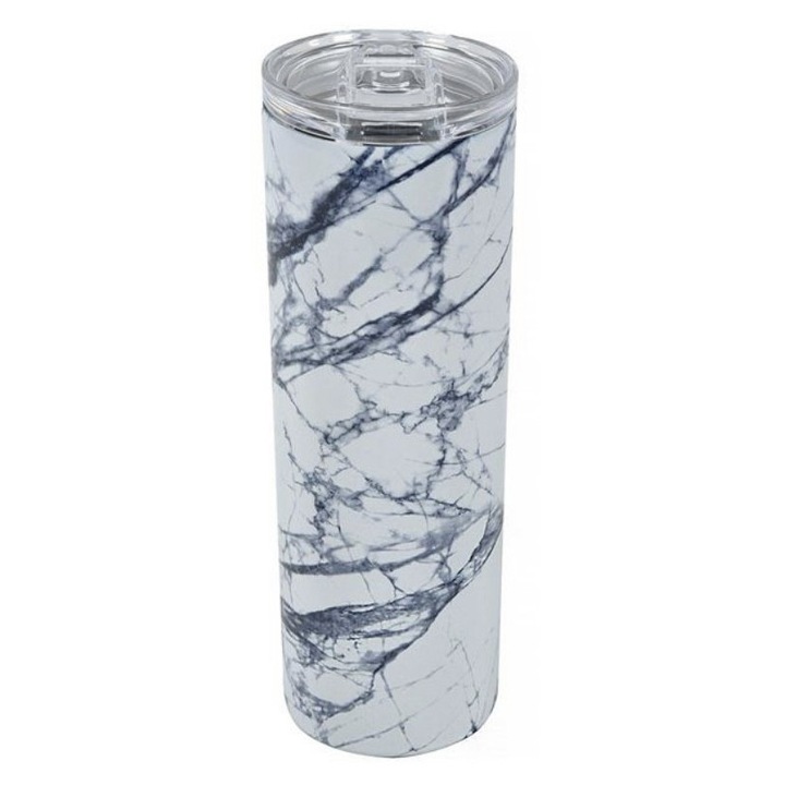 Pahar termos, metalic, alb marmorat, cu capac transparent, 600 ml