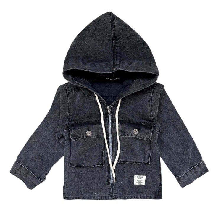 Jacheta din denim baieti cu gluga si buzunare frontale