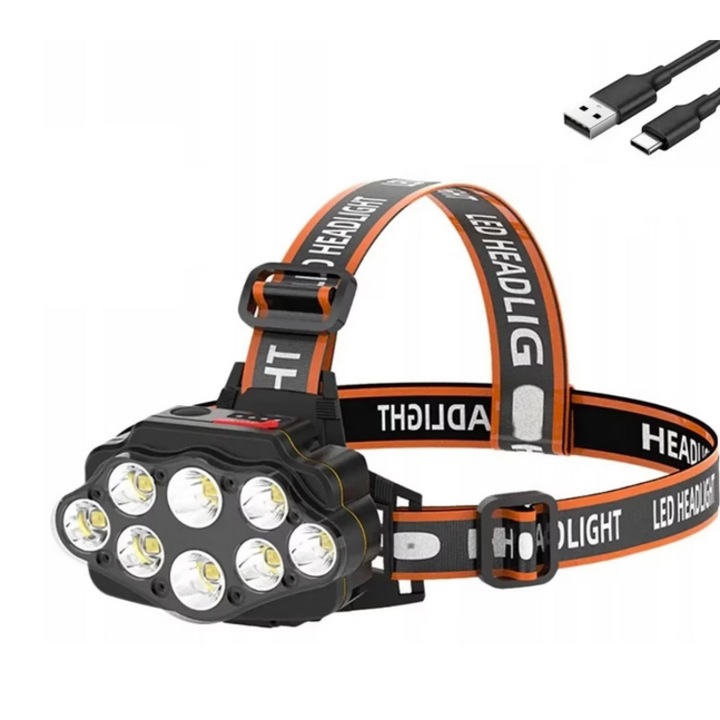 8 LED фенерче, USB зареждане, индикатор за батерията, 4400mAh, регулируема каишка