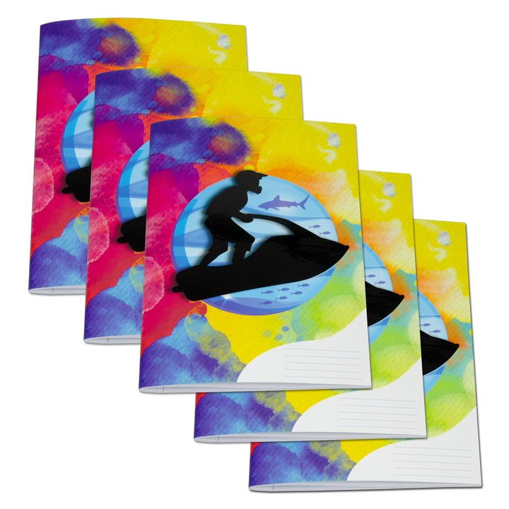 Set 5 caiete scolare premium Octyplay, Skijet, format A5, dictando, 48 file, 70 g/mp, coperta 300 g/mp lacuita selectiv