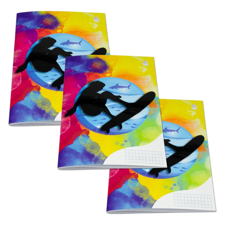 Set 3 caiete scolare premium Octyplay, Surfing, format A4, matematica, 48 file, 70 g/mp, coperta 300 g/mp lacuita selectiv