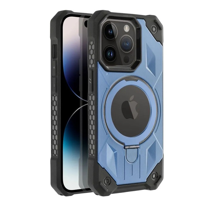 Husa Armor Mag Cover pentru Apple iPhone 15 Pro, Army Shield, MagSafe, Inel Sustinere Magnetic, Rugged Durable Case, Albastru