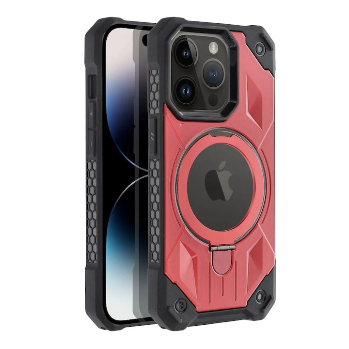 Armor Mag Cover Apple iPhone 15 Pro Max készülékhez, Army Shield, MagSafe, Ultra tartós, mágneses támasztógyűrű, strapabíró, tartós tok, optimális védelem, piros