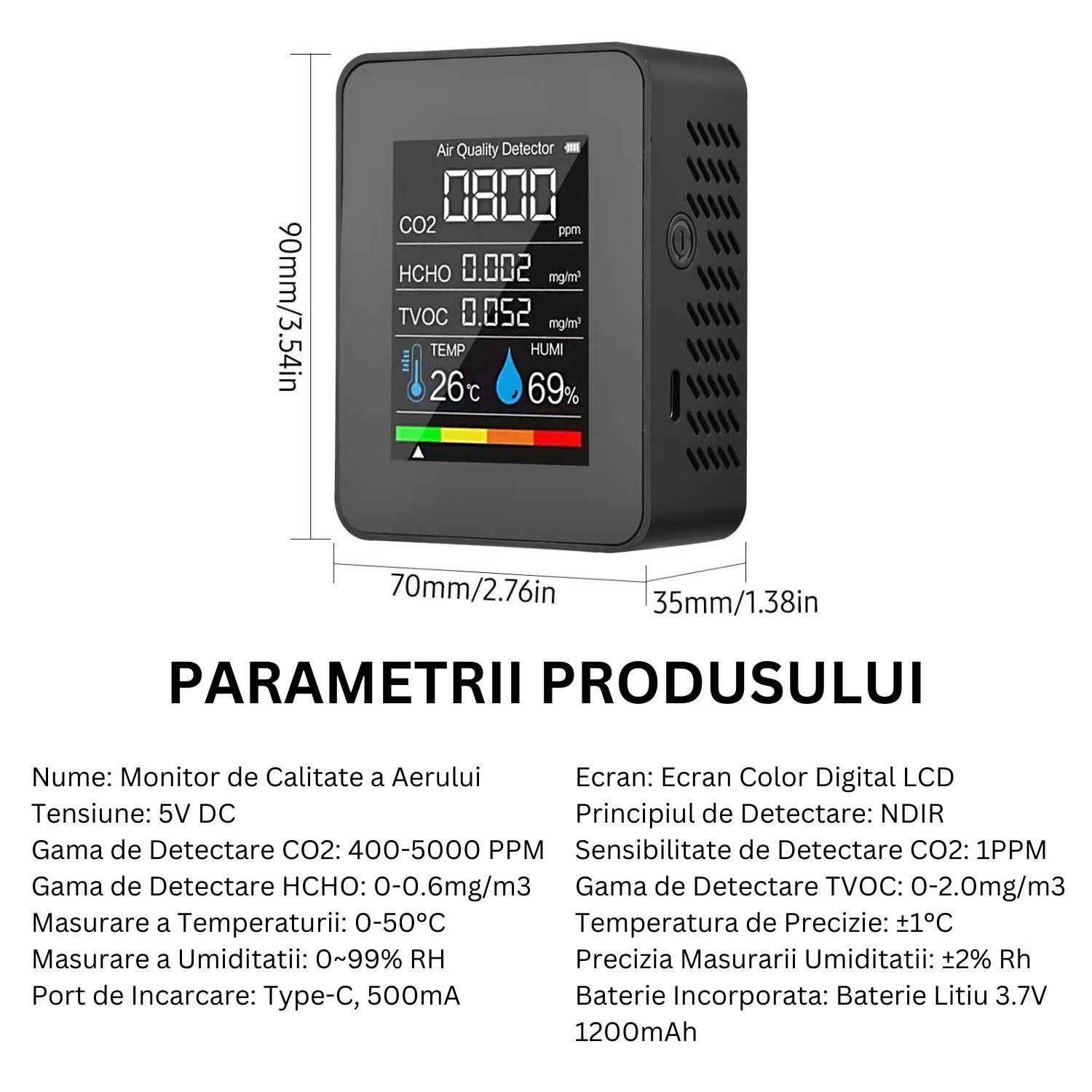 Monitor portabil masurare calitate aer 5 in 1 ACV Premium, ecran LCD ...