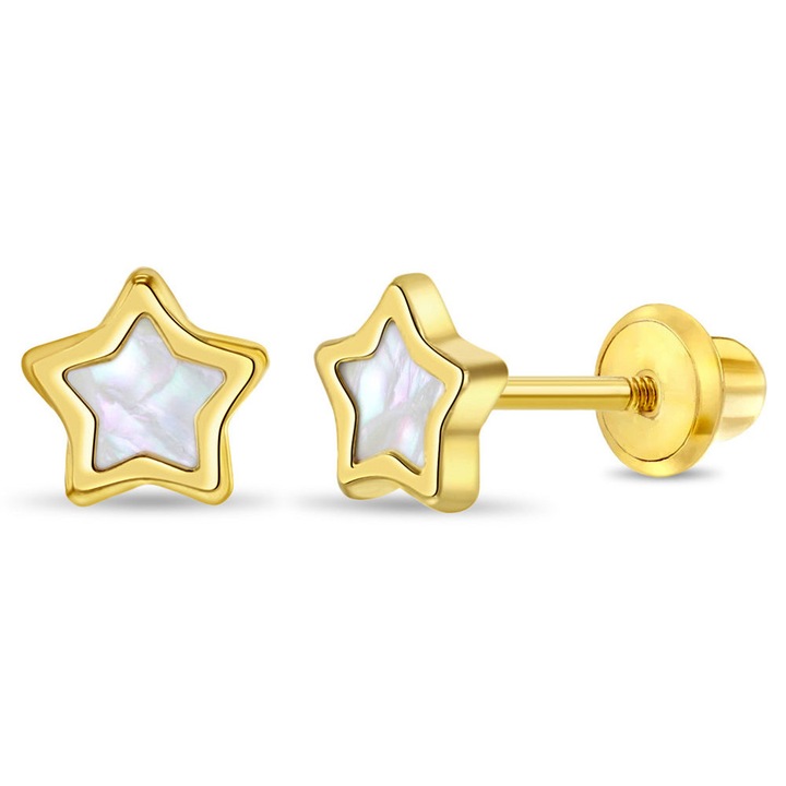 Cercei din Aur 14K pentru Copii, model Stea cu Sidef Mother of Pearl, inchidere cu Filet si Protectie