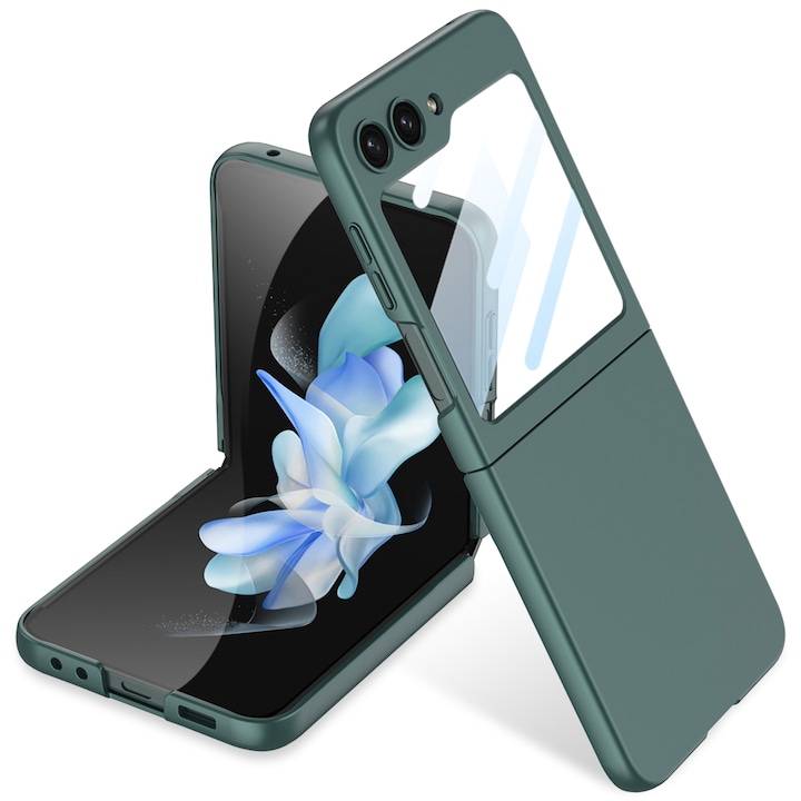 Калъф, съвместим с Samsung Galaxy Z Flip5, С включен протектор за екрана, Перфектно прилепване, Матова повърхност, Тънък, Тъмнозелен