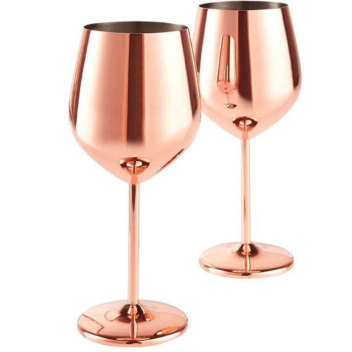 Set 2 Pahare Vin, Rose Gold, Pahare de Vin din Otel Inoxidabil, Capacitate 530 ml, Durabile si Rezistente la Coroziune, Design Elegant, Set de Pahare Elegante pentru Evenimente Speciale, Cadoul Ideal, Pahare de Vin Reutilizabile, Spalare Usoara, BIUPSER
