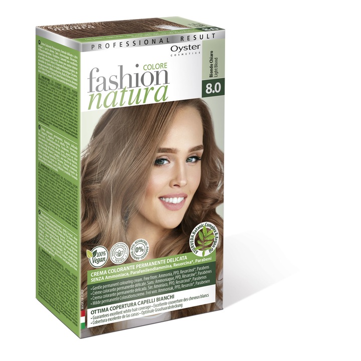 Vopsea de par permanenta 100% Vegana, Oyster Cosmetics 8.0 Blond Deschis, Maxi Size 50ml + 50ml