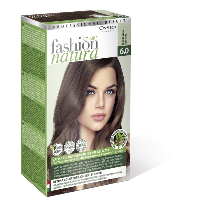 Vopsea de par permanenta 100% Vegana, Oyster Cosmetics 6.0 Blond Inchis, Maxi Size 50ml + 50ml