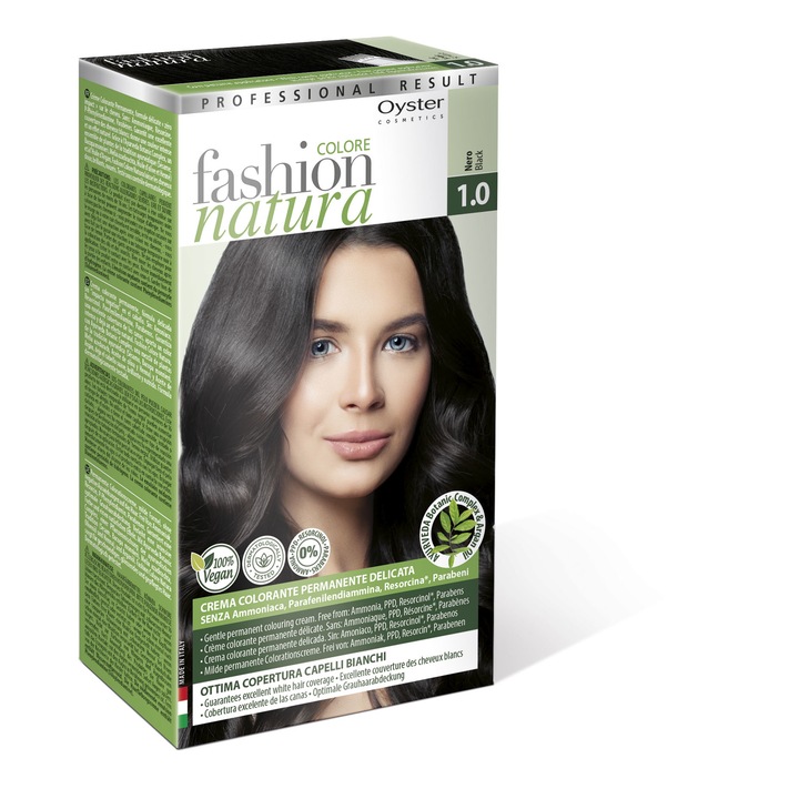 Vopsea de par permanenta 100% Vegana, Oyster Cosmetics 1.0 Negru, Maxi Size 50ml + 50ml