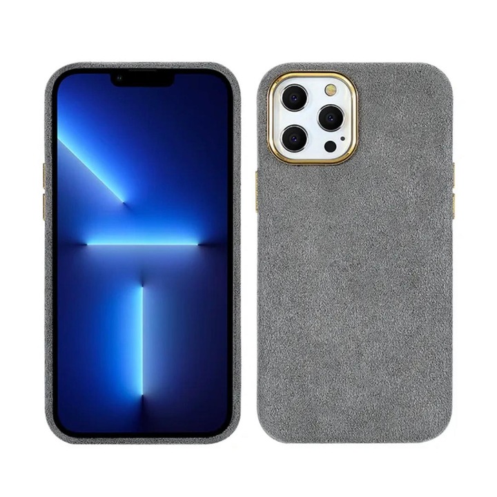 Husa de protectie Alcantara compatibila cu iPhone 12 / 12Pro, Premium, rezistenta la socuri, butoane metalice, inel metalic pentru camera, gri