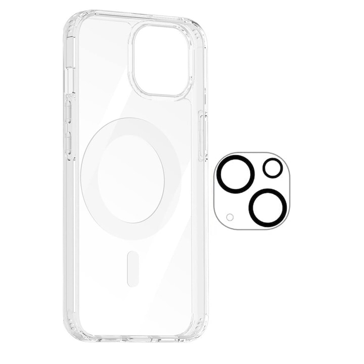 Set cu husa transparenta MagSafe si folie sticla camera, MorFansi, protectie camere spate, compatibila cu Apple iPhone 15 Plus