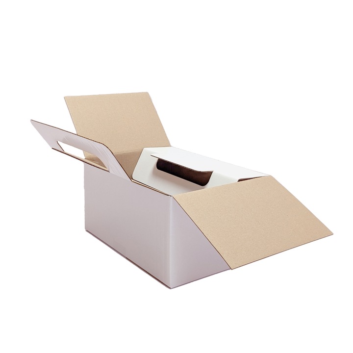 Set 10 bucati cutii pentru vin tip bax, cu separator 6 sticle orizontale, din carton 3 straturi albit, 312x230x154 mm