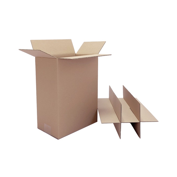 Set 10 bucati cutii pentru vin tip bax, cu separator 6 sticle verticale, din carton 3 straturi natur, 225x149x314 mm
