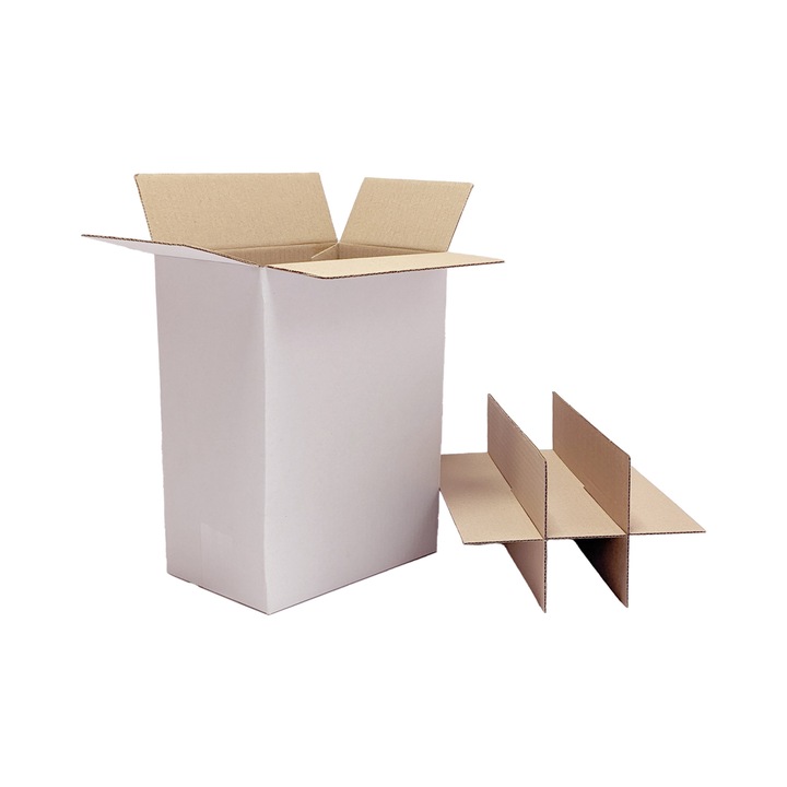 Set 10 bucati cutii pentru vin tip bax cu separator 6 sticle verticale, din carton 3 straturi albit, 225x149x314 mm