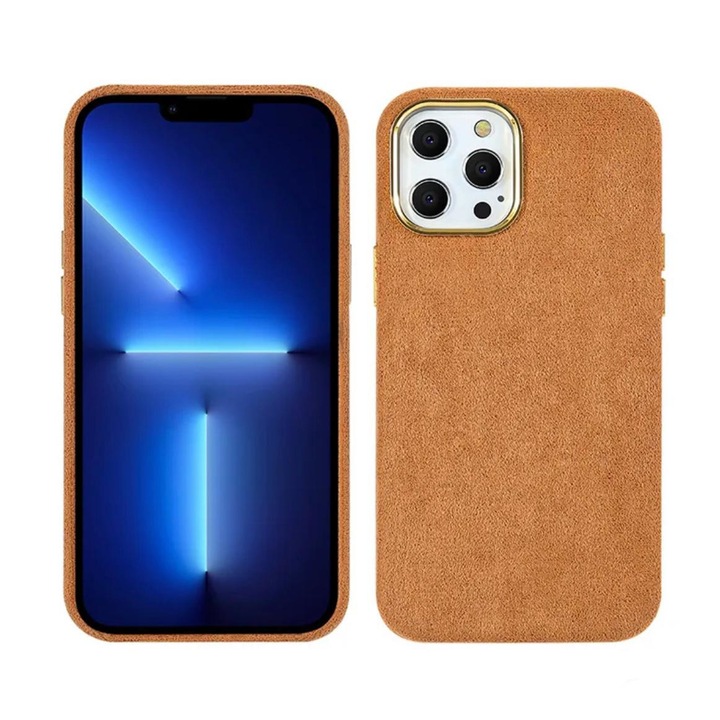 Husa de protectie Alcantara compatibila cu iPhone 12 / 12Pro, Premium, rezistenta la socuri, butoane metalice, inel metalic pentru camera, portocaliu