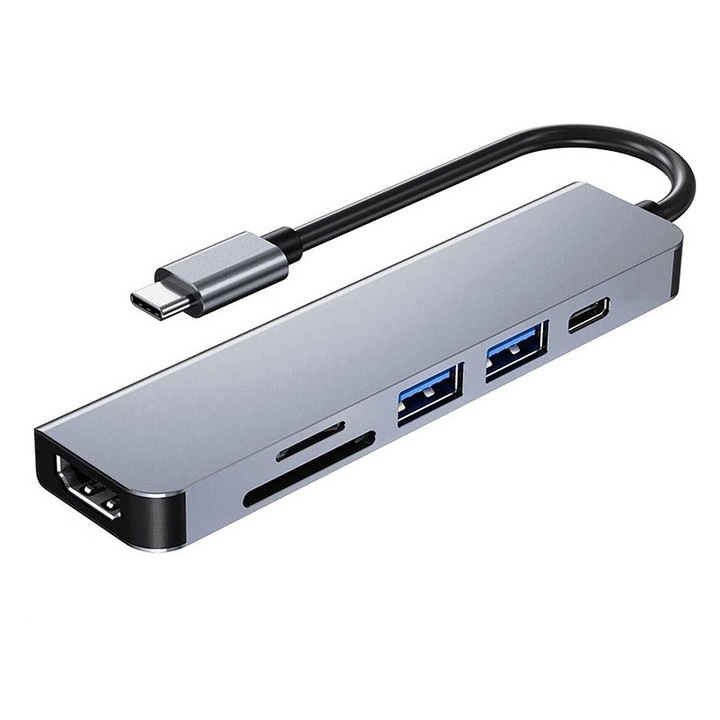 Techstar® DJ6IN1 multifunkciós 6 az 1-ben Hub adapter, HDMI 4K, USB-C, 1 x USB 3.0, 1 x USB 2.0, SD/TF kártyaolvasó, Alumíniumötvözet, Ezüst