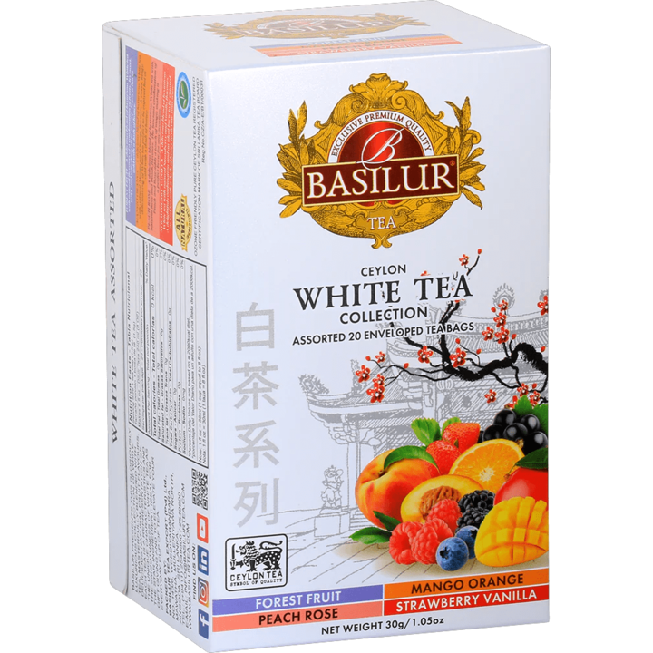 Ceai alb ceylon mix 4 sortimente: Forest Fruit/Mango Orange/Peach Rose/Strawberry Vanilla, "White Tea Collection" assorted, 20plicuri, Basilur Tea