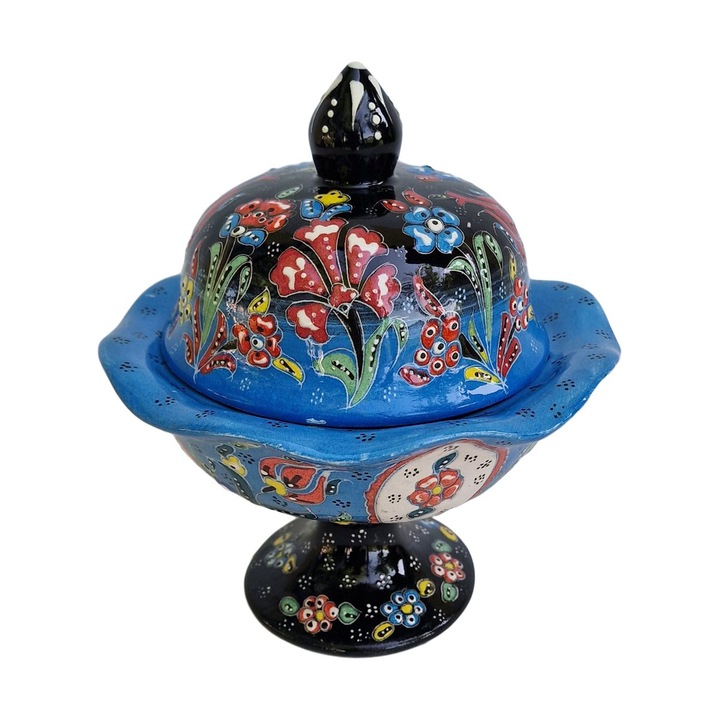 Bomboniera ceramica handmade stil Ottoman, 400 ml, Ø16xh17 cm, 2 piese, EHA - Albastru