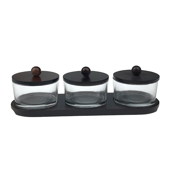 Oliviera din sticla, capac de lemn si suport, 3 recipiente 30x8cm, Negru