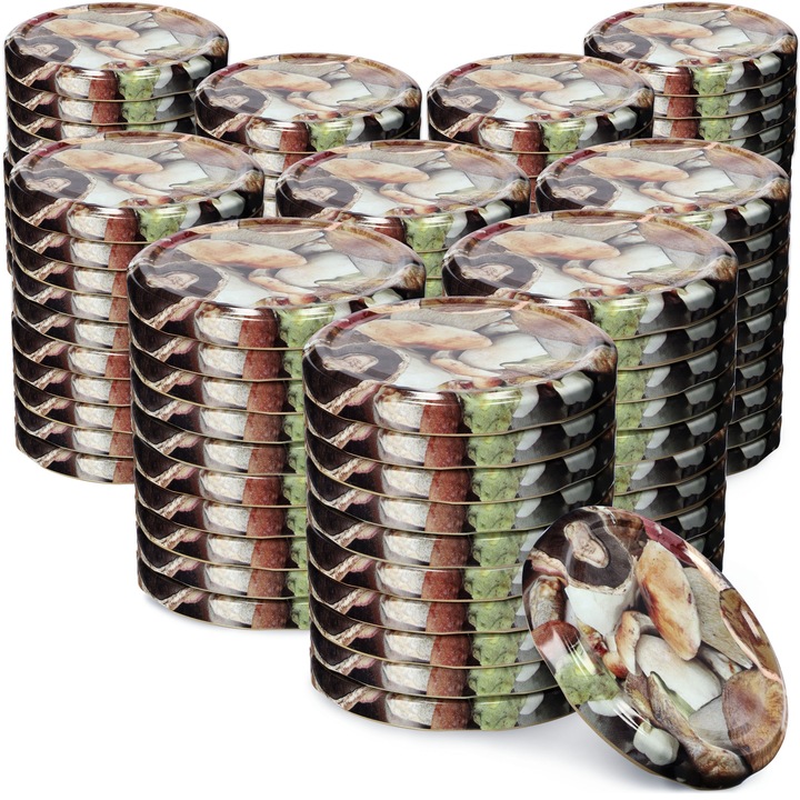Capace metalice pentru borcane KADAX, 82 mm, set 100 bucati, culoare bruna, model ciuperci