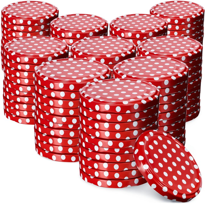 Set 100 capace pentru borcane, KADAX, Metal, Rosu/Alb, 82 mm