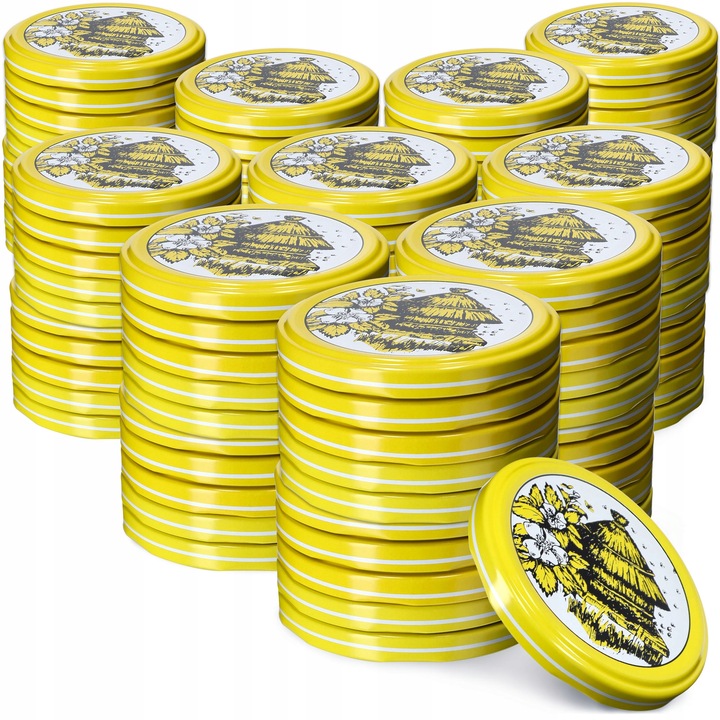 Set 100 capace pentru borcane, Kadax, Metal, Galben/Alb, 66 mm