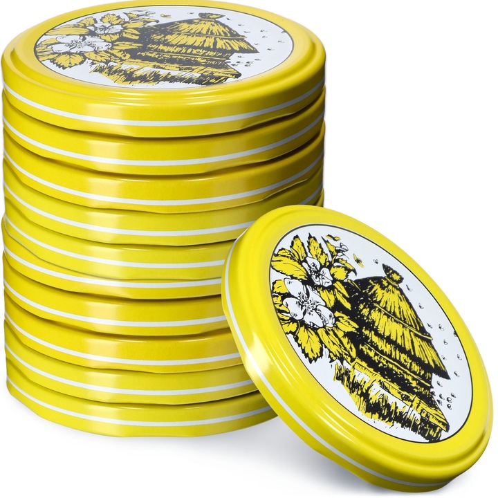 Set 10 capace de borcane, Kadax, Metal, Galben/Alb, 66 mm