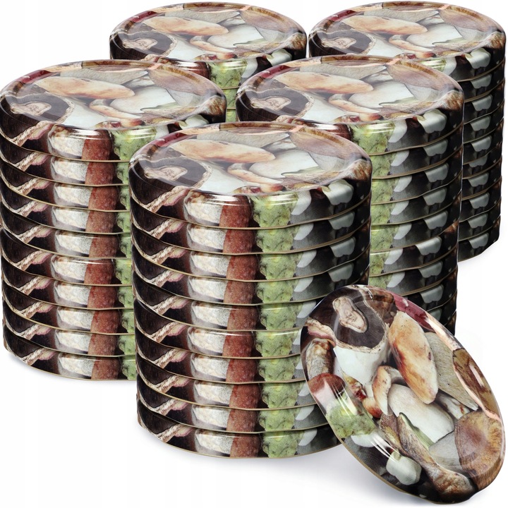 Set 50 capace pentru borcane, Kadax, Model ciuperci, Metal, Reutilizabil, 82 mm, 8.5 x 1 cm, Multicolor