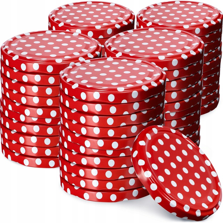 Set 50 capace metalice pentru borcane, KADAX, Rosu/Alb, 66 mm