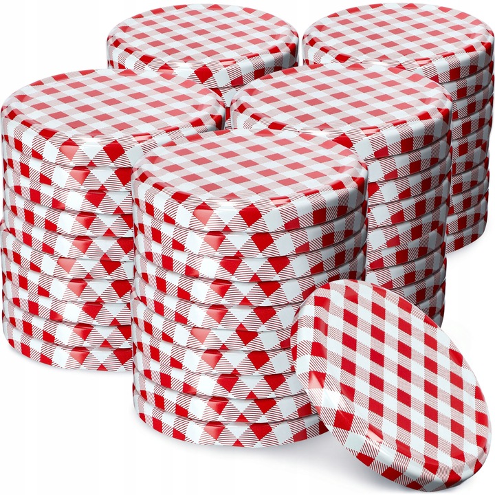 Set 50 capace, Kadax, Compatibil cu borcane de 200/315 ml, Metal, 66 mm, Rosu/Alb