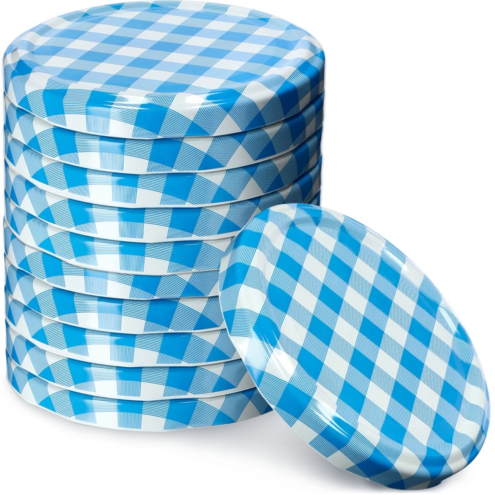 Set 10 capace metalice pentru borcane, KADAX, Albastru/Alb, 82 mm