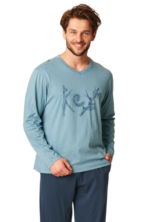 Klasszikus ferfi pizsama, KEY, pamut, sotetkek, Tengerészkék