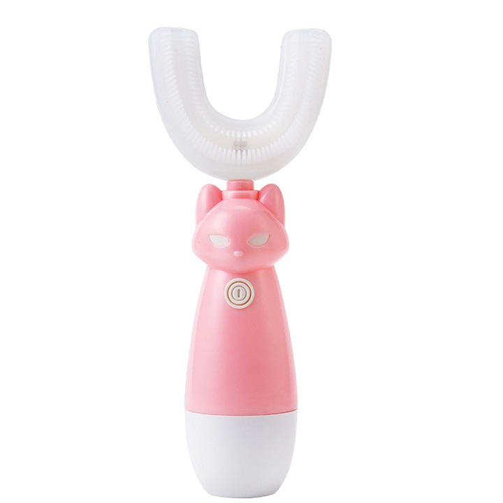 Periuta de dinti electrica pentru copii, periuta de dinti automata in forma de U, impermeabila, cel mai bun cadou pentru copiii cu varsta cuprinsa intre 3 si 7 ani (cap mare de periuta, roz)