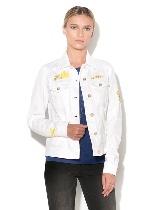 VERSACE JEANS Jacheta alba din denim cu insertii cu imprimeu grafic 44