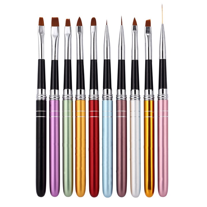 Set pensule pentru unghii, multifunctionale, 10 capete, aluminiu, Multicolor