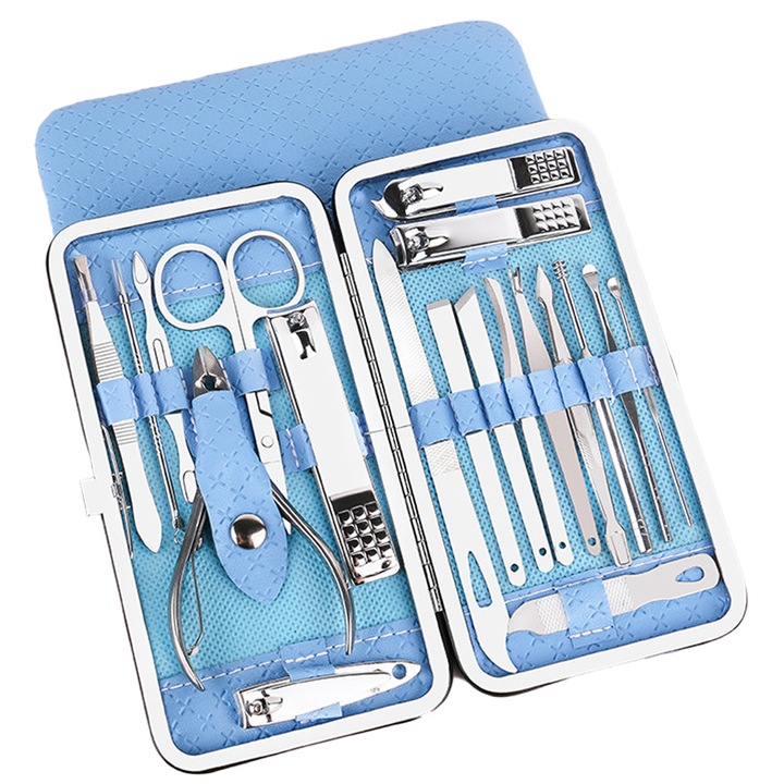 Set manichiura si pedichiura, 19 piese, portabil, Albastru