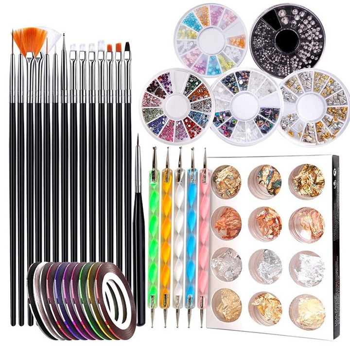 Körömdíszítő eszközkészlet QttvbTna, ecsetek, pontozótoll, strasszok, dekorcsíkok, paillette fólia, többszínű, cipzáras táska