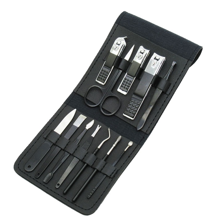 Trusa manichiura si pedichiura, Negru, inox, husa calatorie PU, 12 piese, portabil