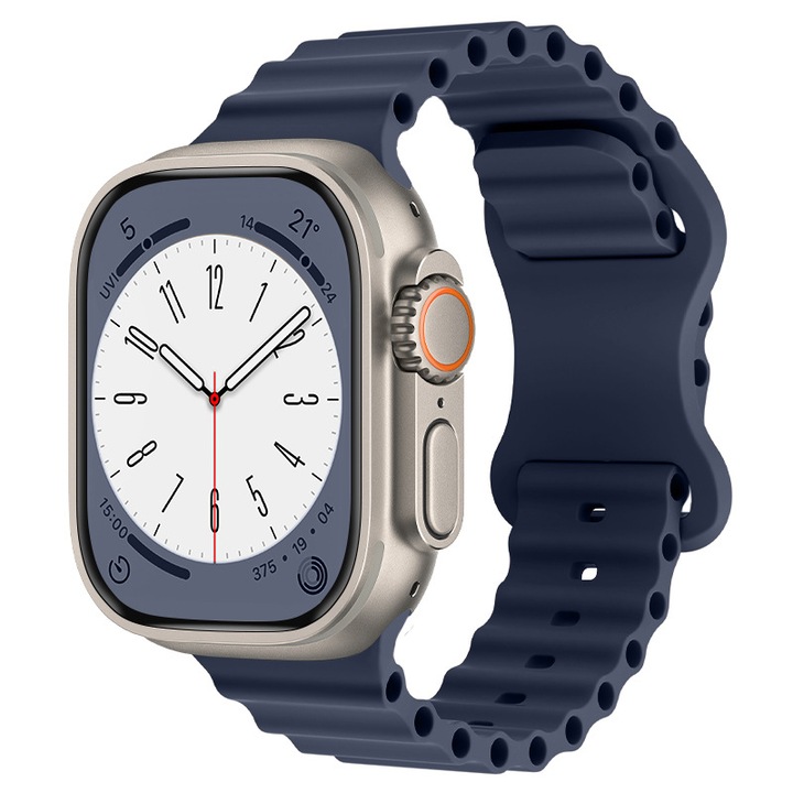 Силиконова каишка LUVLU, Съвместим с Apple Watch Ultra/SE/8/7/6/5/4/3/2/1 - Дисплей 42/44/45/49 мм, Регулируем, Ocean Band, Син