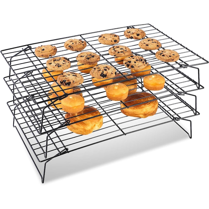 3 db süteményhűtő tálcás készlet, QttvbTna, rozsdamentes acél, egymásra rakható kivitel, tapadásmentes, fekete, 34x24x19,5cm