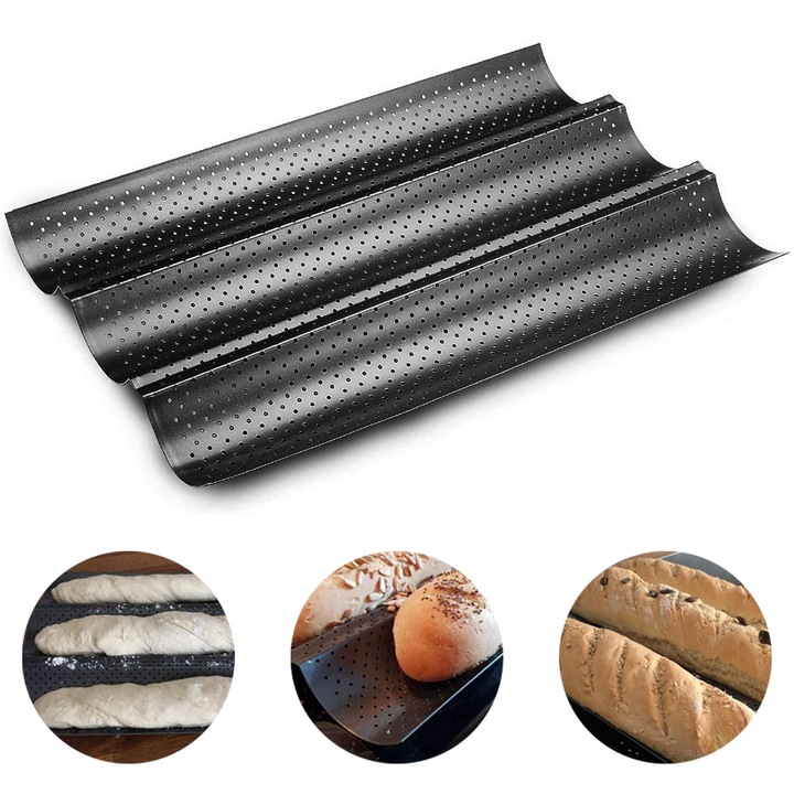 Bagett tálca, tapadásmentes, karbon, 30x10cm, fekete