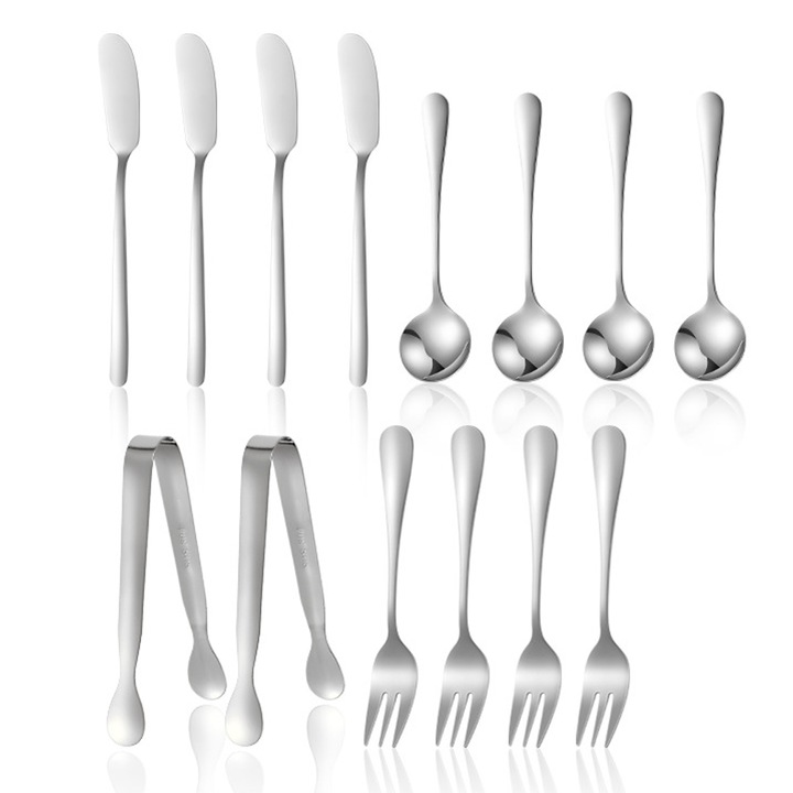 Set Ustensile pentru Servire Cozevdnt, 4 Cutite Unt/Branza, 2 Clesti Mini, 4 Lingurite, 4 Furculite, Inox