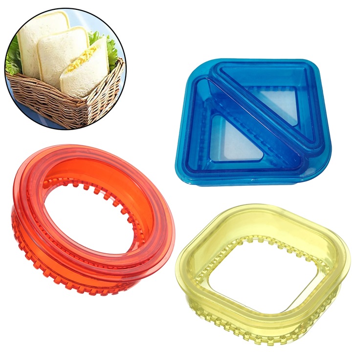 Set 3 unelte pentru taiere si sigilare sandwichuri, Cozevdnt, forme variate, galben/albastru/rosu, polipropilena