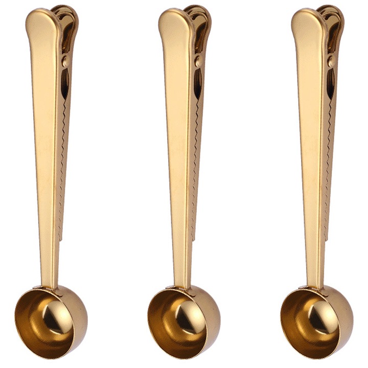 Lingura de cafea cu clema, otel inoxidabil 2 in 1, lingura de masurat macinata cu 1 lingura si clema pentru punga pentru cafea si ceai (aurie)
