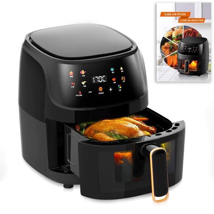 Фритюрник с горещ въздух, Yanx, 2400 W, Rapid Air, без масло, 6L капацитет, подвижна кошница от безопасно стъкло, таймер, 8 предварително зададени програми, Защита от прегряване, Сензорно управление, за 1-5 човека, Черен